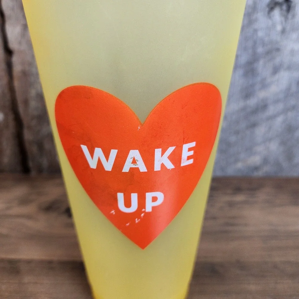 Starbucks Reusable Cold Cup Yellow Frosted Orange Heart Wake Up Venti Tumbler